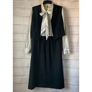 Vintage Ms. Sugar Striped Midi Dress Outfit with Vest and Tie Neck